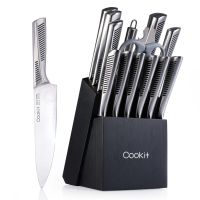 15 Piece Knife Sets with Block, Non-Slip German Stainless Steel Hollow Handle Cutlery Set with Multifunctional Scissors Knife Sharpener