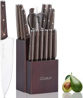 Cookit 15 Piece Knife Sets with Block for Kitchen Chef Knife Stainless Steel Knives Set Serrated Steak Knives with Manual Sharpener Knife