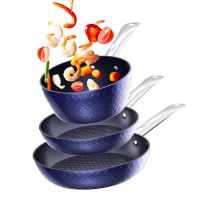 Frying Pan Sets Non Stick 3Pcs, Blue 3D Diamond Cookware, 20/24cm Frying Pan, 18cm Saucepan - Pots and Pans Set, Aluminum Ceramic Coating