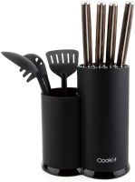 Cookit Universal Knife Block without Knives, Unique Double-Layer Wavy Design, Round Black Knife Holder for Kitchen with Scissors Slot