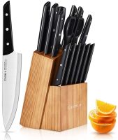 Knife Set with Block, Cookit 15 Pieces Kitchen Knife Set with Pine Block Holder, Knife Block Set with Sharpener, High Stainless Steel Knives