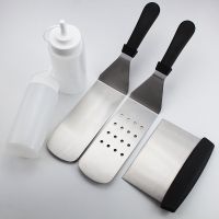 Stainless Steel Barbecue Tool Set Ergonomic Handle - 2 Perforated Flat Spatula, 2 Squirt Bottles - Grilling, Camping, Outdoor Cooking, Burger Turner